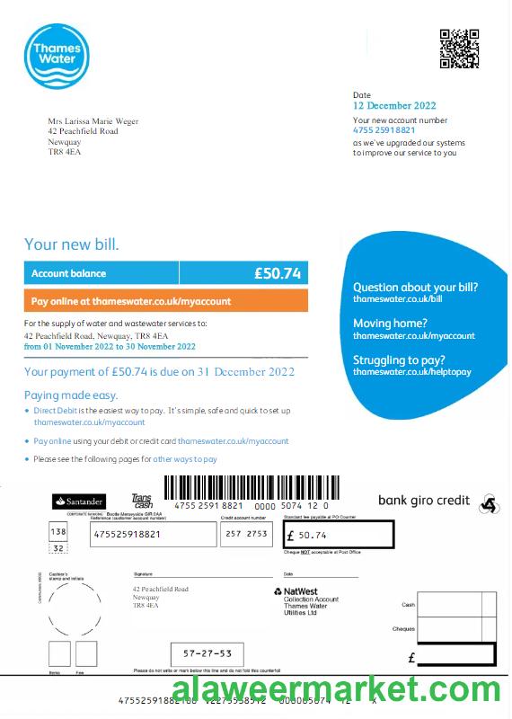 UNITED KINGDOM THAMES WATER utility bill Word and PDF template